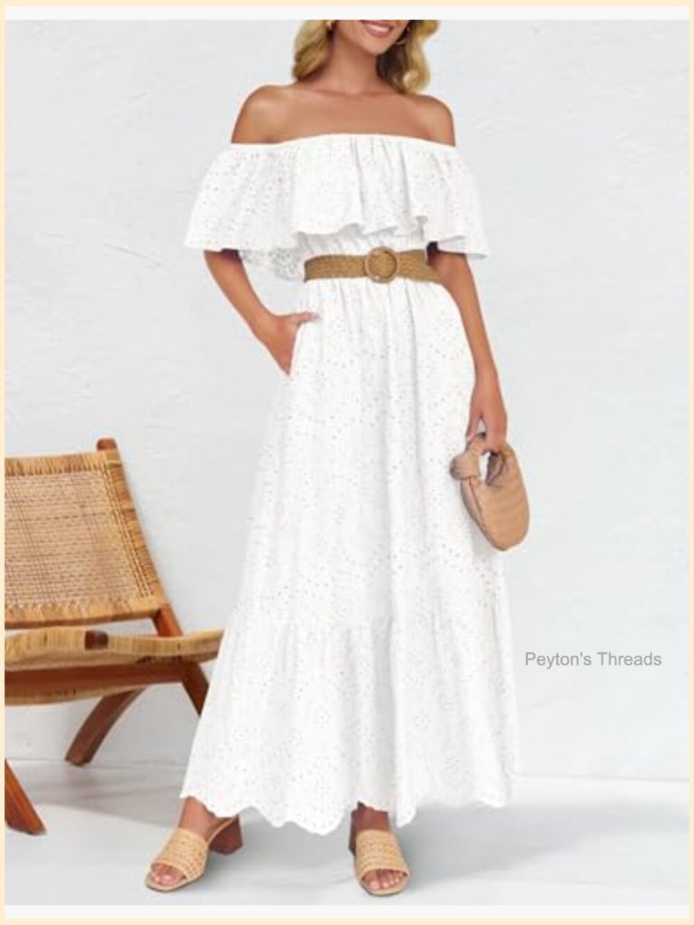 Off Shoulder Ruffle Midi Dress Short Sleeve High Waist Hollow Out Embroidery - Picture 4 of 7